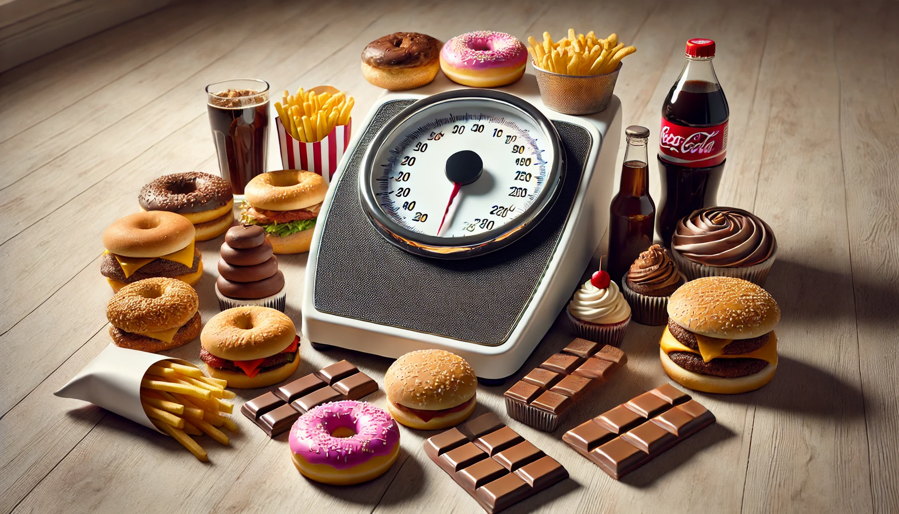 	Analog weight scale surrounded food.